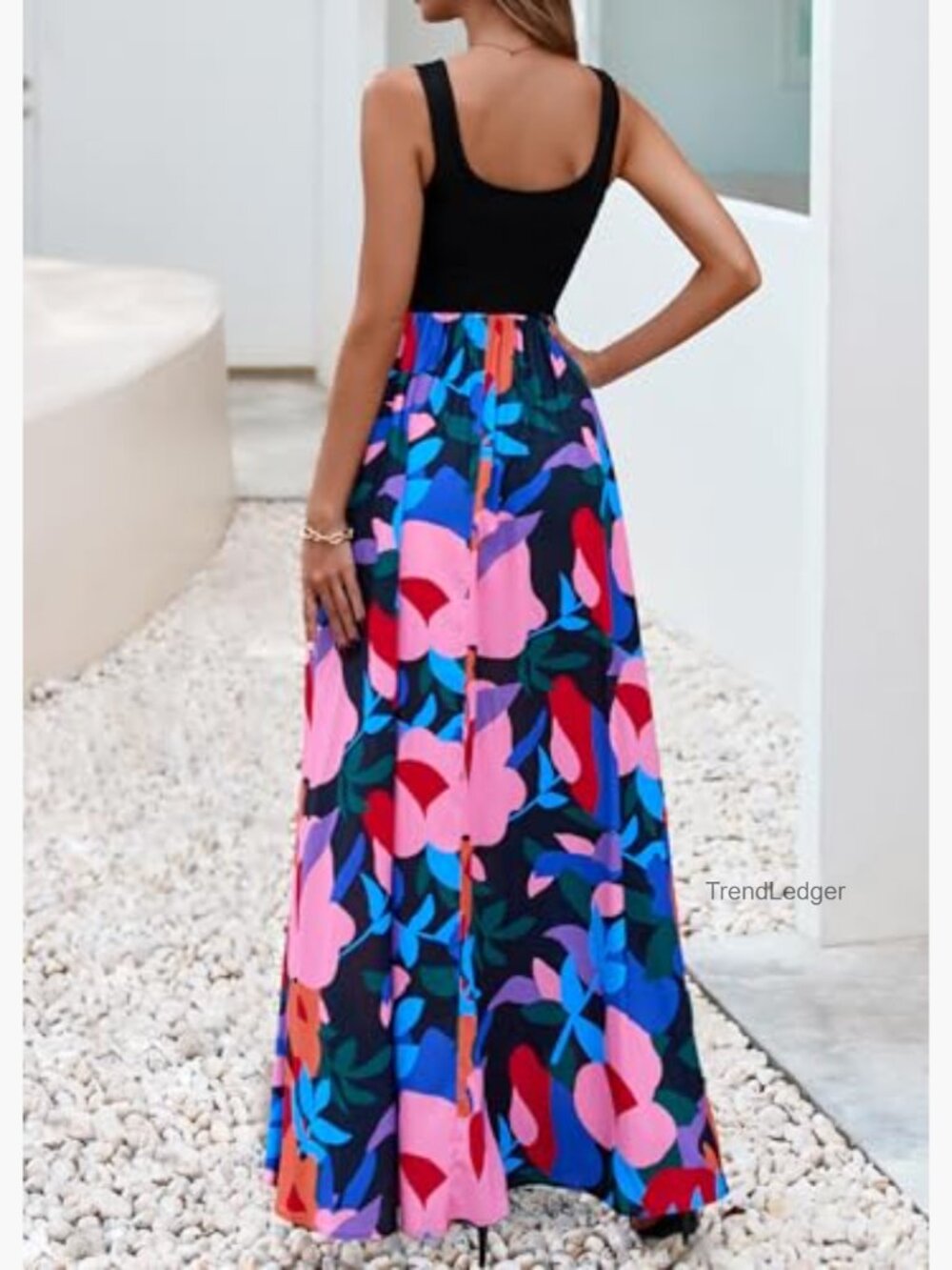 Boho Floral Maxi Dress Sleeveless Scoop Neck A-Line Flowy Summer Sundress with - Picture 2 of 7